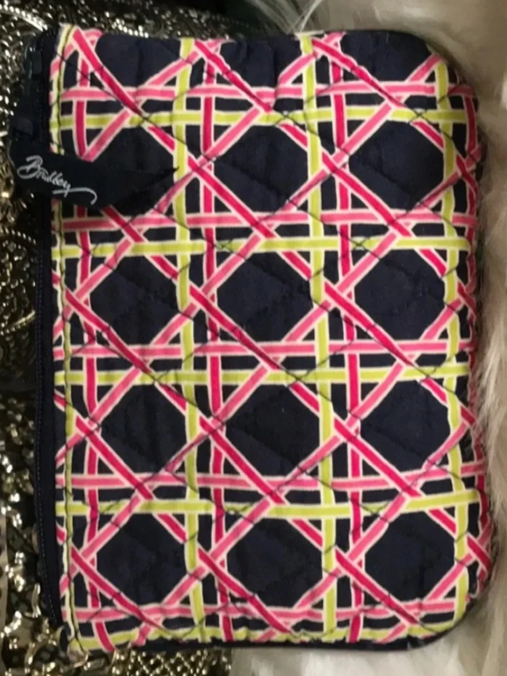 Vera Bradley Ribbons pattern zippered small cosmetics bag navy, pink green white